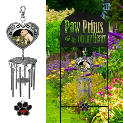 Pet Memorial Garden Stake with Wind Chimes & Photo Frame – Paw Prints on My Heart Pet Loss Gift for Dog or Cat Memorial – Black Wrought Iron Outdoor Grave Marker Sympathy Gift – 22.5"