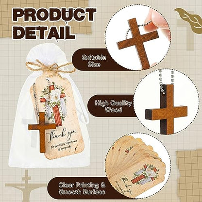 Tradder 100 Set Funeral Favor for a Memorial Service with 100 Wooden Cross Keychain Funeral Thank You Card Organza Bag Guest Sympathy Gift for Remembrance Bereavement Celebration of Life(Cross) - style: Cross