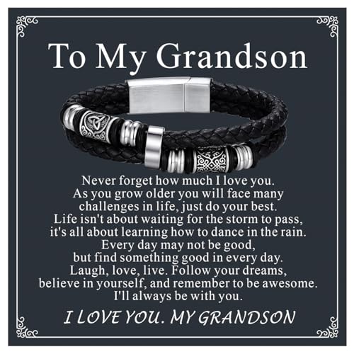 Bestyle Genuine Men Leather Bracelets Fashion Stainless Steel Celtic Beaded Wristband for Men, Size 7.5/8.3/9.1/9.8Inch Men Bracelet, Message Card Offered - style: 5.To My Grandson Message Card