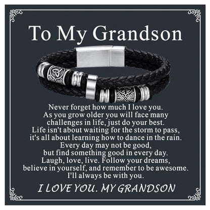 Bestyle Genuine Men Leather Bracelets Fashion Stainless Steel Celtic Beaded Wristband for Men, Size 7.5/8.3/9.1/9.8Inch Men Bracelet, Message Card Offered - style: 5.To My Grandson Message Card