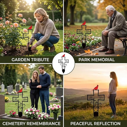 Miss You Cross with Cardinal, Metal Cemetery Memorial Plaque for Remembrance, Decorative Cemetery Stake with Heart and Cross Design, 6x12 Inch Outdoor Memorial Plaque for Graves and Gardens