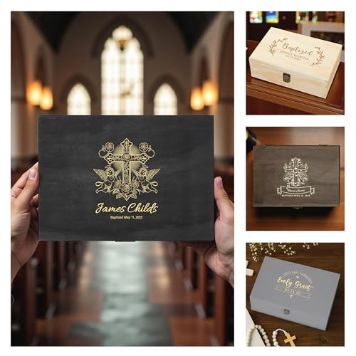 Baptism Gift for Boys & Girls, Personalized Wooden Memory Box | Add name & date. Holds photos, rosary & candle; a gift from godparents or grandparents. 12 designs, 4 sizes & 4 finishes. - style: 2. Baptism Designs