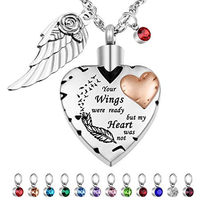 Dletay Heart Cremation Necklace for Ashes Cremation Jewelry with 12 Birthstones Urn Necklace for Ashes-Your Wings were Ready but My Heart was Not - style: Heart