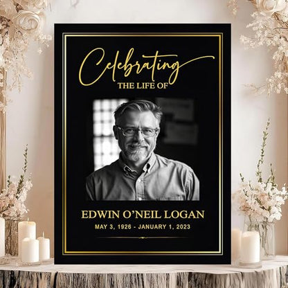 Celebration of Life Funeral Welcome Sign, Memorial Service Poster, In Loving Memory Sign, Editable Printable Template, Black and Gold Celebration of Life Photo Sign - color: Style#15
