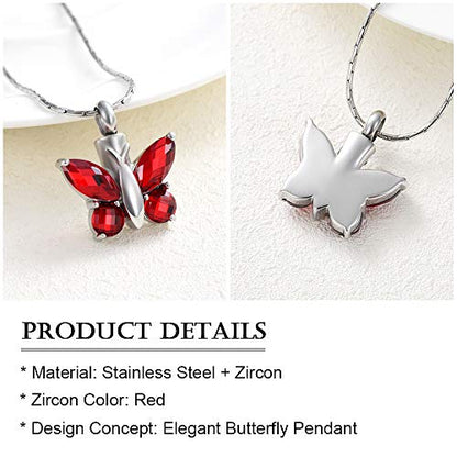 constantlife Cremation Jewelry for Ashes, Crystal Stone Butterfly Shape Stainless Steel Pendant Urn Necklace Keepsake for Women - color: Red