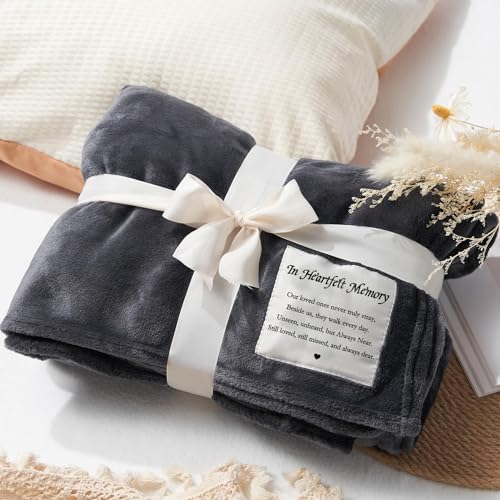 Memorial Sympathy Gifts Blanket - In Heartfelt Memory, Condolence Gifts for Loss of Loved One, Bereavement Gifts, Comfort Healing Fleece Throw for Women, Grief Gift Funeral (50” x 60” Dark Gray)