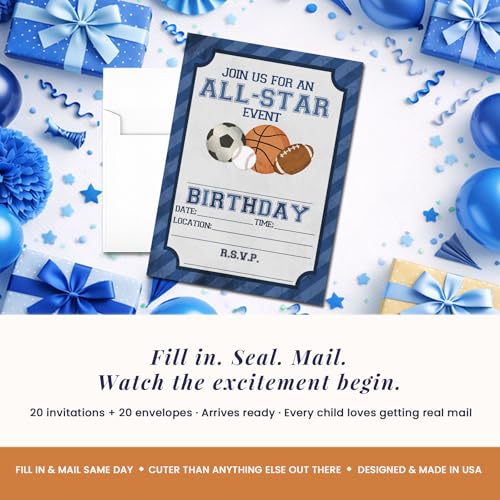 Blue All Star Sports-Themed Birthday Party Invitations for Boys, 20 5x7 Fill In Cards with Twenty White Envelopes by AmandaCreation - style: Blue All Star