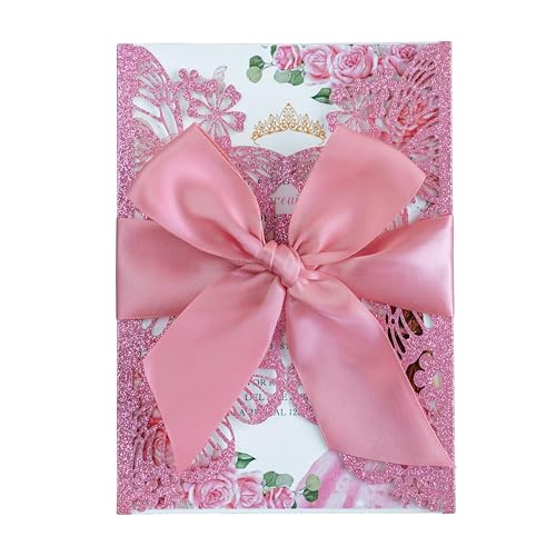 20 PCS Butterfly Quinceanera Invitation, Laser Cut Invitation Cards | 5.12x7.2" Pink Glitter Butterfly Quinceanera Invitation with Envelopes for XV Anos Bridal Shower Baby Shower Invite - color: Pink Glitter