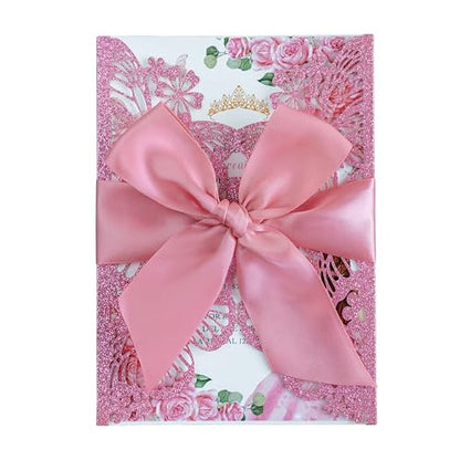 20 PCS Butterfly Quinceanera Invitation, Laser Cut Invitation Cards | 5.12x7.2" Pink Glitter Butterfly Quinceanera Invitation with Envelopes for XV Anos Bridal Shower Baby Shower Invite - color: Pink Glitter