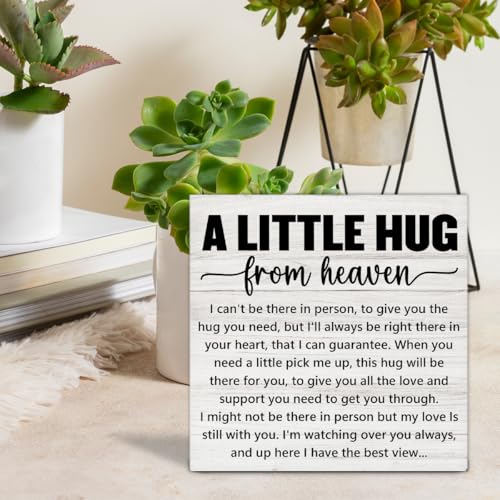Sympathy Gifts Memorial Gifts for Loss of Mom Dad, Grieving Gift a Little Hug from Heaven Wood Sign Decoration for Home Living Room Bedroom Desk Shelf Table 5 X 5 Inch
