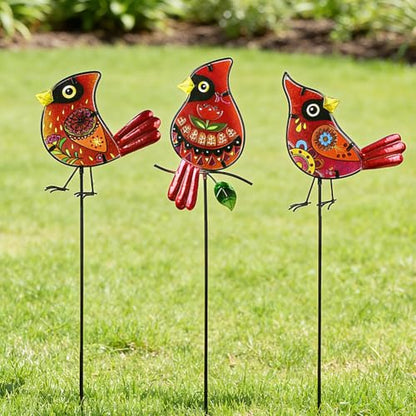 Set of 3 Cardinal Stained Glass Decorative Garden Stakes - color: Cardinal