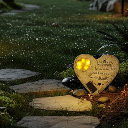 Pet Memorial Stone Solar Lighted Glowing Paw Print Heart Statue 10" | Pet Headstones For Dogs Cats with "Forever in My Heart" Engraved, Waterproof Resin Loss of Dog Sympathy Gift - color: Heart Pet