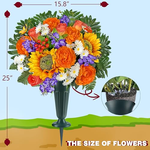 Artificial Cemetery Flowers for Grave Vase - Gravesite Flowers,Fade-Proof Headstone Decorations with Sunflower Rose Lavender Mix Bouquet