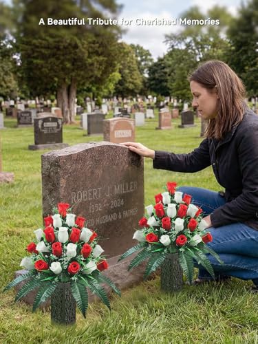 Mirevielyn 2-Pack 24-Stem Artificial Rose Cemetery Flowers with Vases - color: Red & White