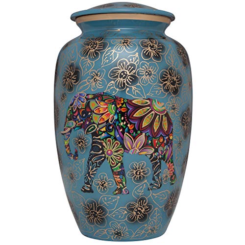 Blue Funeral urn with Elephant - Floral Spiritual Indian Design - Cremation Urn for Human Ashes - Aluminum -Suitable for Cemetery Burial or Niche - Large Size fits Remains of Adults up to 200 lbs - color: Elephant Blue