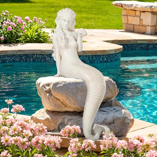 Large Mermaid Garden Statue, 25.6 in DIY Outdoor Sculpture Figurines | Pretty Lawn & Patio Decor, Antique White, Durable Weather-Resistant Finish Magnesium Oxide Stone - color: Mermaid-25.6"