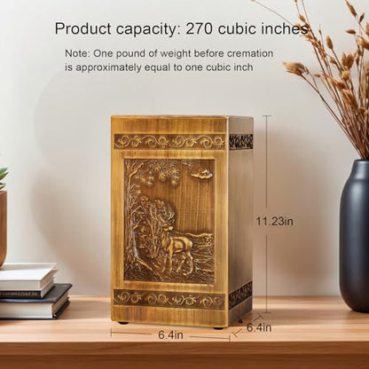 Wooden Cremation Urns for Human Ashes Adult Male Female Deer Carving Handmade Wood Funeral Decorative Memorial Urn Box, Holds 270 Cubic Inch