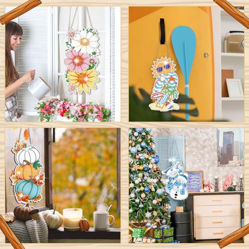 Cinnvoice Seasonal Diamond Art Hanging Kit,12 Pcs,Vertical | Holiday Diamond Art Wreath Ornament, Month Gem Hanging Sign, Festival Crystal Suncatcher, for Door Window Wall Home Decor - style: Vertical