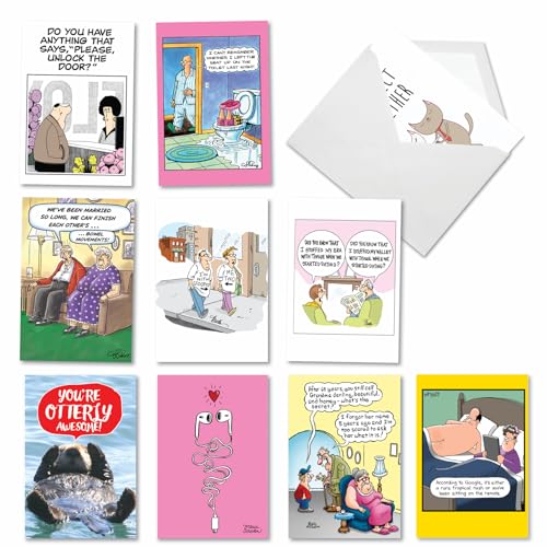 NobleWorks 10 Anniversary Cards Assortment (10x1 Designs) Celebration and Congrats Notecard For Men, Women - Humorous Twosomes AC9371ANG-B1x10 - style: Humorous Twosomes