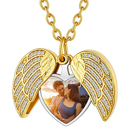Custom4U Personalized Heart Locket Necklace with Pictures,Sunflower/Angel Wings/Heart Shaped Lockets Custom Photo,Gold/Rose Gold/White Lockets That Holds Picture,Customized Memorial Jewelry for Women - color: B-Angel Wings-Gold(Locket + Photo + Engraving)