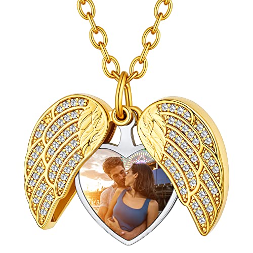 Custom4U Personalized Heart Locket Necklace with Pictures,Sunflower/Angel Wings/Heart Shaped Lockets Custom Photo,Gold/Rose Gold/White Lockets That Holds Picture,Customized Memorial Jewelry for Women - color: B-Angel Wings-Gold(Locket + Photo + Engraving)