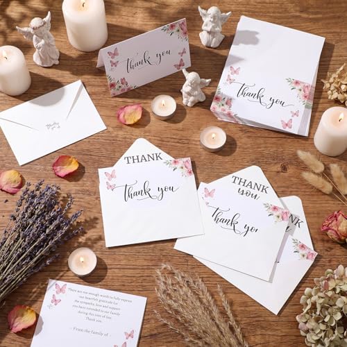 Fumete 50 Set Funeral Thank You Cards, Pink Butterfly - style: Pink Butterfly