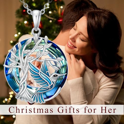 TOUPOP Butterfly Necklace for Women 925 Sterling Silver Tree of Life Butterflies Dragonfly Hummingbird Pendant Necklaces Crystal Jewelry Anniversary Christmas Birthday Gift for Her - color: Hummingbird Blue
