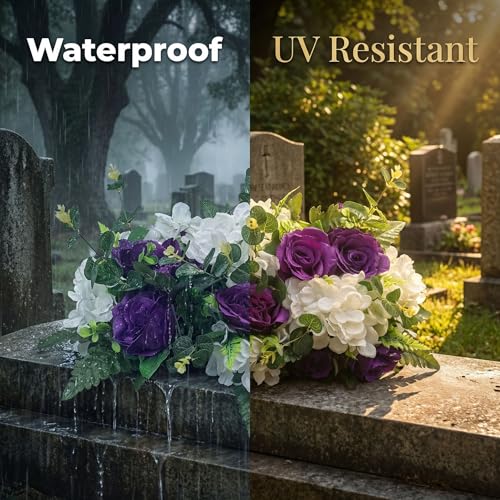 Purple Headstone Flower Saddle,Cemetery Artificial Flowers for Grave Decor