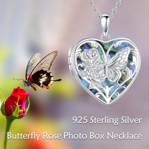 Butterfly Sterling Silver Necklace That Holds 1 Pictures Memorial Pendant Rose flower Photo Box Necklace