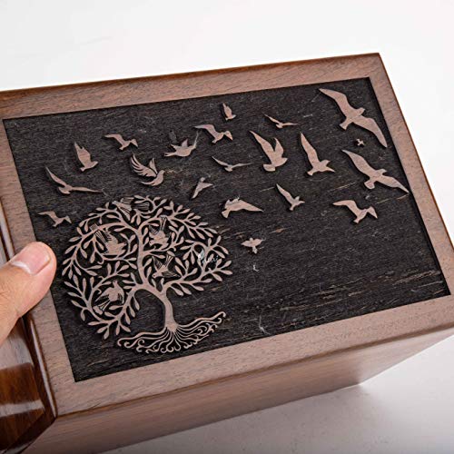 Rosewood Urn for Human Ashes, Tree of Life with Birds, X-Large 380 lb | Hand-carved solid sheesham rosewood, screw-locked sliding base, engraving available, holds up to 380 lb - color: Tree of Life With Birds, size: X-Large (380 lb)
