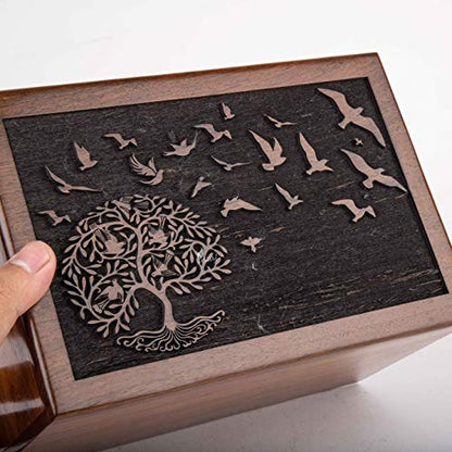 Rosewood Urn for Human Ashes, Tree of Life with Birds, Large 180 lb | Hand-carved solid sheesham rosewood, screw-locked sliding base, engraving available, holds up to 180 lb - color: Tree of Life With Birds, size: Large (180 lb)