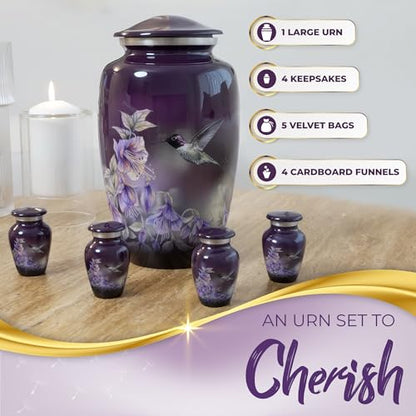 Beautiful Anna's Hummingbird Urns for Human Ashes Adult Female - Set of 5 | Beautifully Packaged 1 Large Purple Cremation Urn for Ashes for Women and 4 Keepsake Urns - Funnels & Velvet Bag Included - size: Urn Set (5 Pieces)