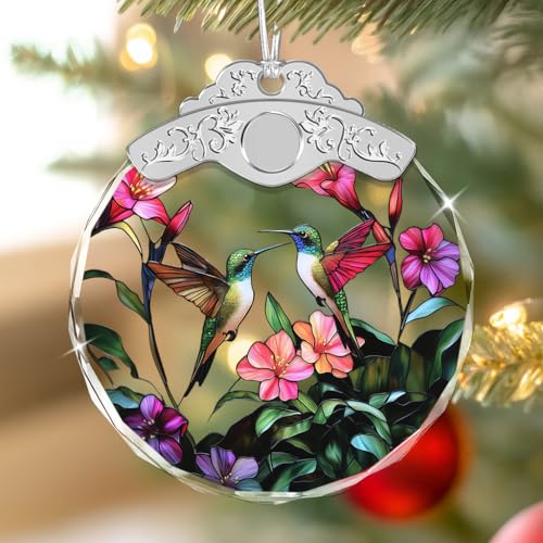 Stained Glass Ornament - Hummingbird and Flowers Christmas Ornaments - Xmas Decor - Ornaments for Christmas Tree - Holiday Presents - Gift Exchange Ideas - Car Hanging Decoration - color: Hummingbirds & Flowers