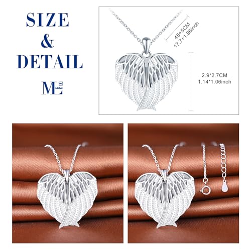 MicLee Women Photo Locket Necklace 925 Sterling Silver Heart Shape Feather Wings Pattern Picture Locket Necklace - color: Silver