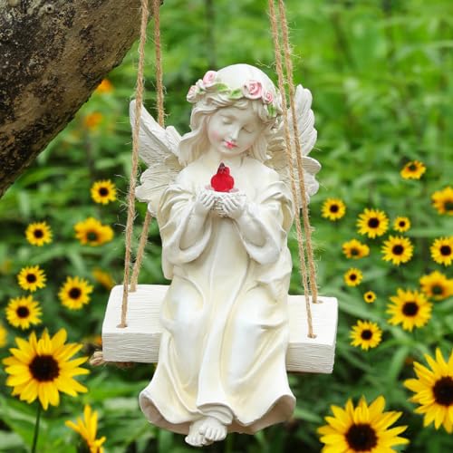 Angel Garden Statue,Fairy Solar Garden Decor with Warm Light | Waterproof Angel Statue with Swing & Holding Bird,Outdoor Garden Decor for Lawn Yard Patio Windowsill Garden Gifts, Apricot - style: Swing Bird Angel