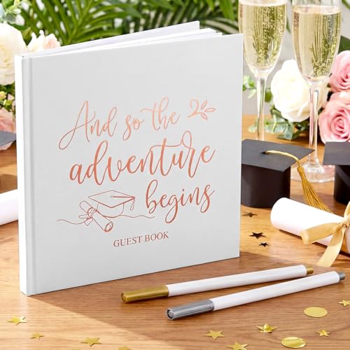 2026 Graduation Guest Book 8.7'' x 8.7" with 2 Markers Adventure Begins Guestbook Class of 2026 Picture Book Hardcover Rose Gold Foiled Photo Album for Graduation Party Supply Gifts 144 Pages - color: White, style: Motivational