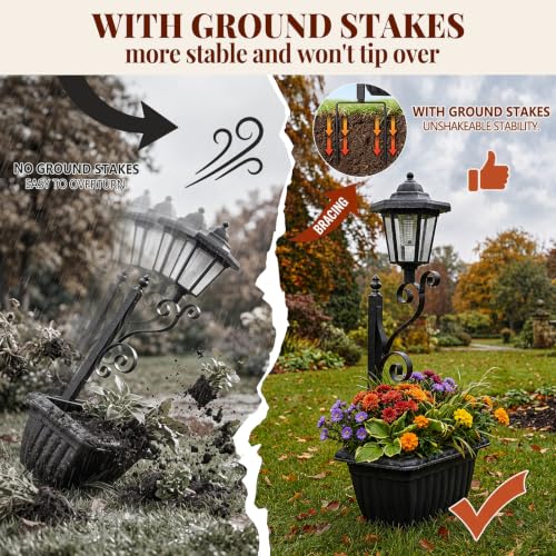 2 Pack Solar Planter Lights Outdoor, 2-in-1 Solar Lamp Post Lights with Built-in Planter, Metal Ground Stake, Waterproof, Decorative Solar Garden Lights for Patio, Lawn, Porch, Backyard & Pathway