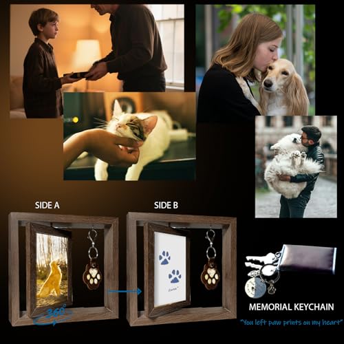 Pet Memorial Rotating Picture Frame Gift Set Dog Cat Loss (SolemnBrown) | 4x6 Photo Frame with Paw Print Kit, Fur Keepsake Box & Memorial Keychain | Complete Sympathy Gift Set - color: Natural Wood