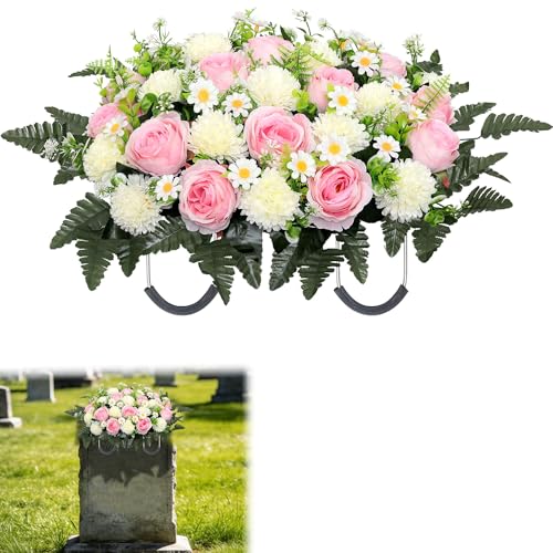 Wocst Cemetery Flowers for Graves Cemetery Saddles for headstones Silks Grave Roses for Outdoor Grave Decorations Weatherproof,NO-Fading - color: Pink