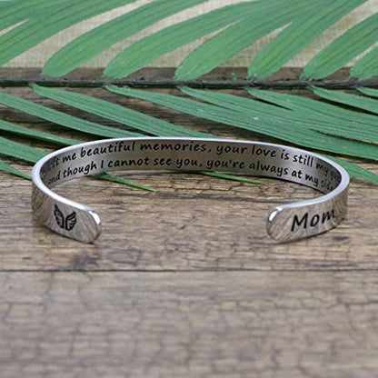 Memorial Gifts for Loss of Mom Dad In Memory of Jewelry Sympathy Bracelet | Bereavement Cuff Secret Message Engraved Grief Gifts for Women - style: Mom Memorial Gift- You left me beautiful memories