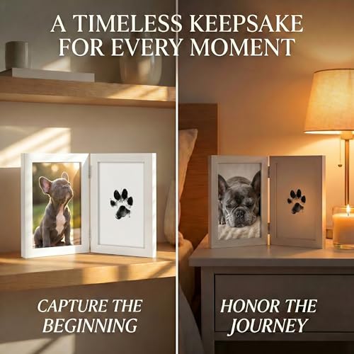 Inkless Pet Paw & Nose Print Kit, Wood Frame Keepsake Gift Set | 3 Inkless Pads, 6 Cards, Hinged Double Wood Frame, 2 Leather Fur Keychains, New Pet, Milestone & Memorial Keepsake