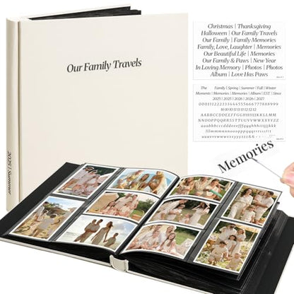 Vienrose Family Photo Album 4x6 600 Pockets Photo Window Beige | Cloth Cover，Family Crystal Stickers，Tweezers，Acid Free Pages - color: Famliy theme, size: 600k