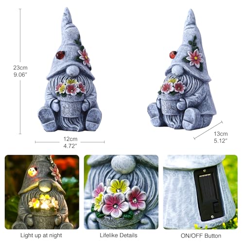 Goodeco Solar Sitting Gnome with LED Flower Light Garden Decor - color: Gray Gnome
