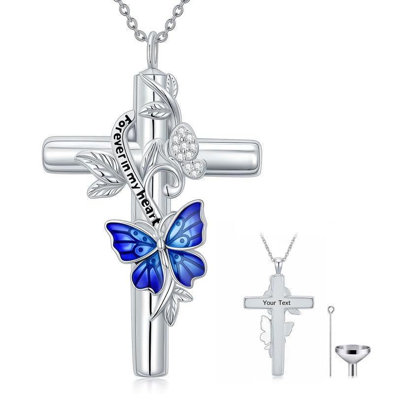 SOULMEET Enamel Butterfly Cross Urn Necklace for Ashes, Cross Moissanite Butterfly Ashes Necklaces with Forever in My Heart Engraved Keepsake Cremation Locket Jewelry for Women Men - color: A-Blue, style: Custom Engraved