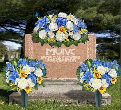 MUVIC Artificial Cemetery Flower Bouquets and Headstone Flower Saddle for Grave,Three-Piece Set:Rose,Rose Lily Hydrangea Cymbidium Daisy, Easy Fit and Colorfast