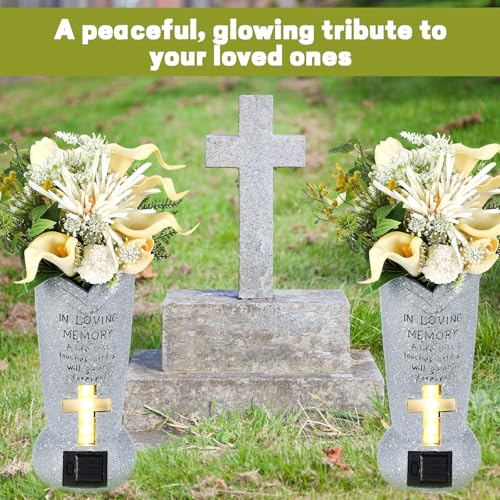 DoubleFill 2 Pcs Solar LED Cemetery Grave Vase with Spike,Cylinder | Weatherproof Resin Headstones Flower Vases, Auto Dusk LED Cross Light, Spike Ground Mount, Loss Loved Tribute, Garden Decor - style: Cylinder