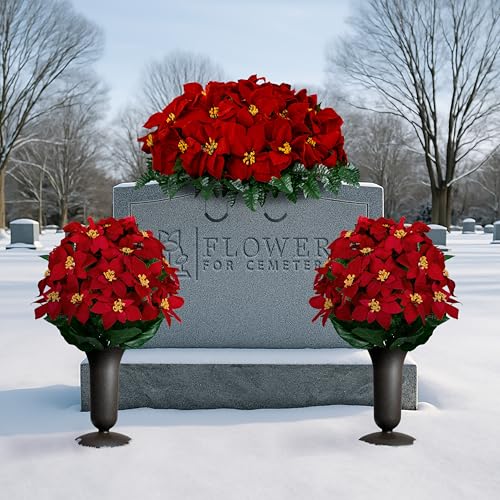 Artificial Cemetery Flowers - Gravesite Memorial Arrangment - Red Poinsettia (1) Saddle (2) Bouquets (2) Vases - color: Red, size: (1) Saddle (2) Bouquets (2) Vases