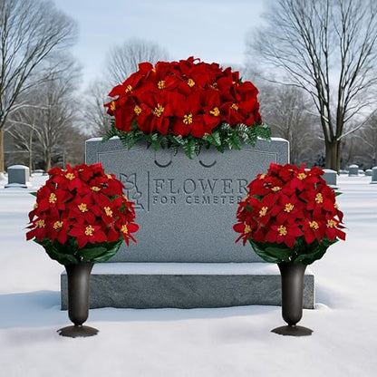 Artificial Cemetery Flowers - Gravesite Memorial Arrangment - Red Poinsettia (1) Saddle (2) Bouquets (2) Vases - color: Red, size: (1) Saddle (2) Bouquets (2) Vases