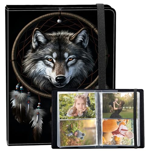 Photo Album 3.5x5 80 Photos Small Capacity PU Leather Cover, Dreamcatcher Wolf Mini Photo Album 3.5x5 with Elastic band, Birthday Christmas Photo Albums Wedding Anniversary - color: Dreamcatcher Wolf, size: 3.5*5 Holds 80 Photos