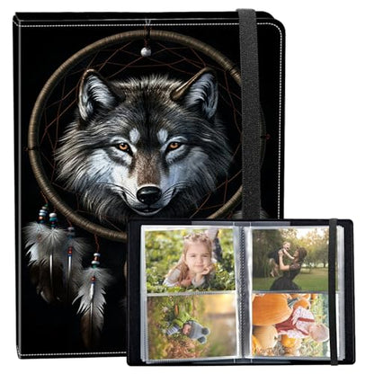 Photo Album 3.5x5 80 Photos Small Capacity PU Leather Cover, Dreamcatcher Wolf Mini Photo Album 3.5x5 with Elastic band, Birthday Christmas Photo Albums Wedding Anniversary - color: Dreamcatcher Wolf, size: 3.5*5 Holds 80 Photos